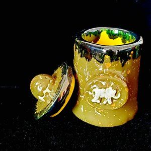 Handmade Small Ceramic Stash Jar with Elephant in Crackled Army Green Glaze with